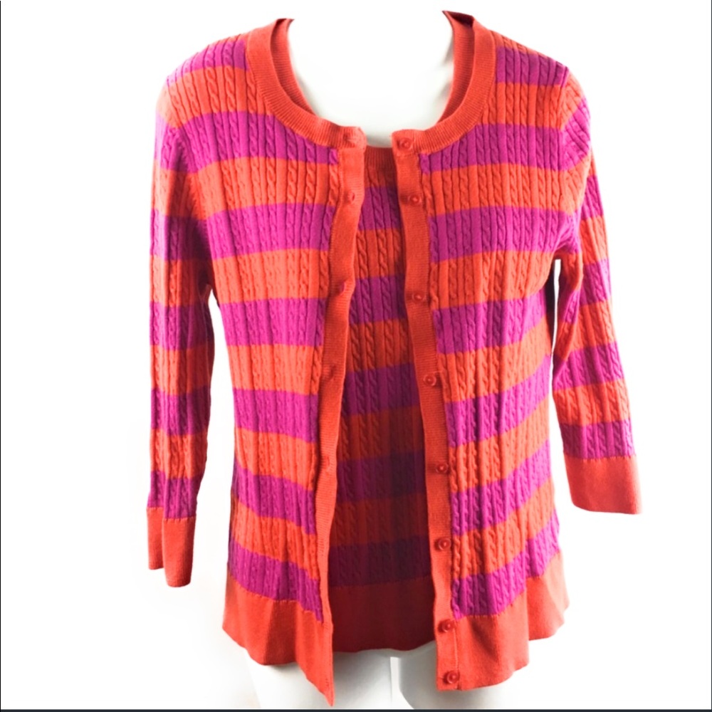 Talbots Sweater Set Striped Pink Orange Petite Lrg